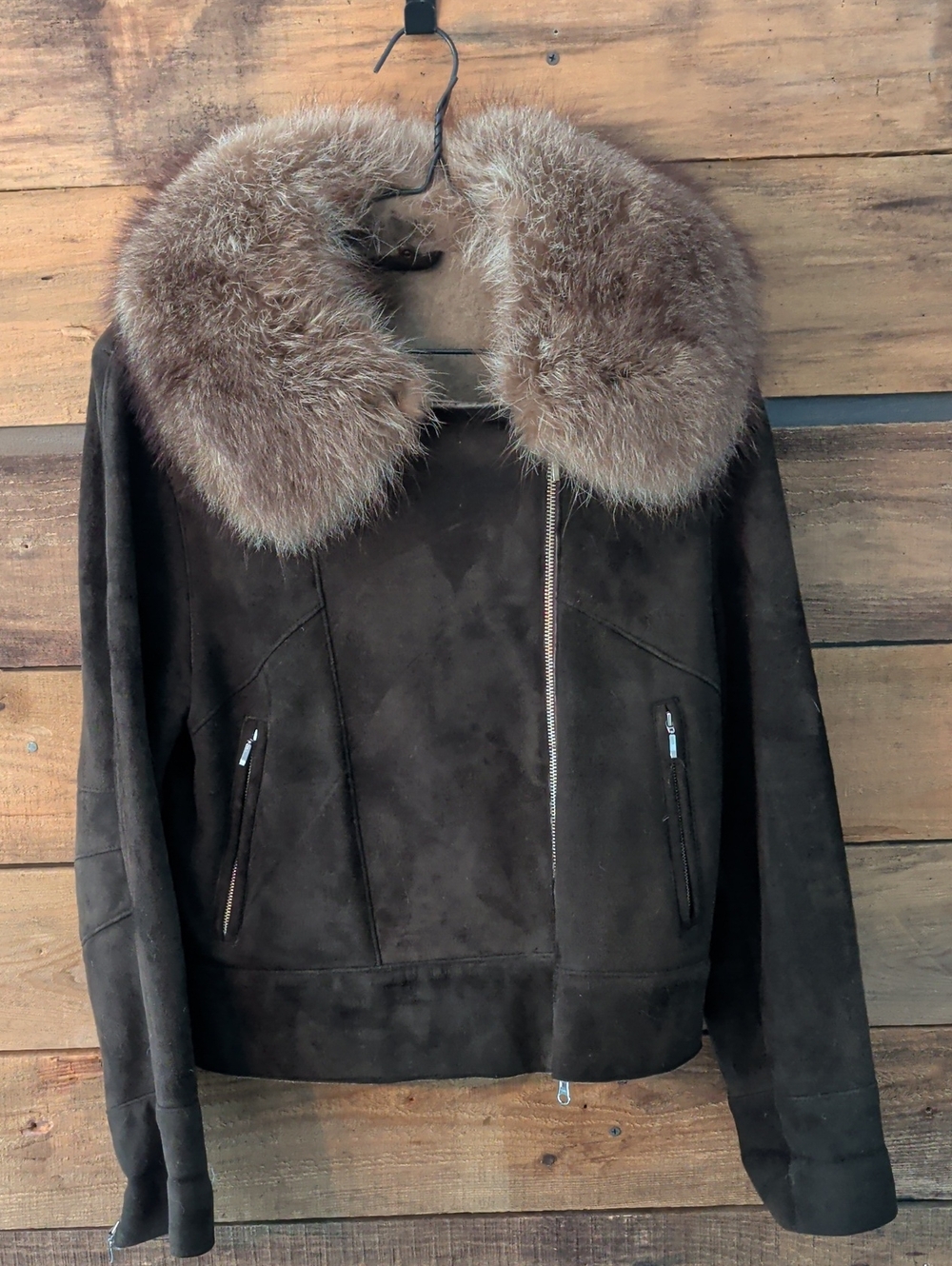 KRIO women’s Suede Jacket with Fox Fur Collar - Dark Brown